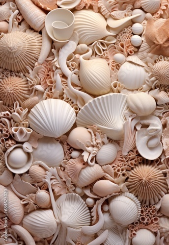 a big pile of shells on brown wall,