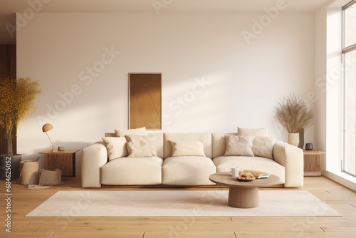 a clean looking living room with a sofa and wooden floor