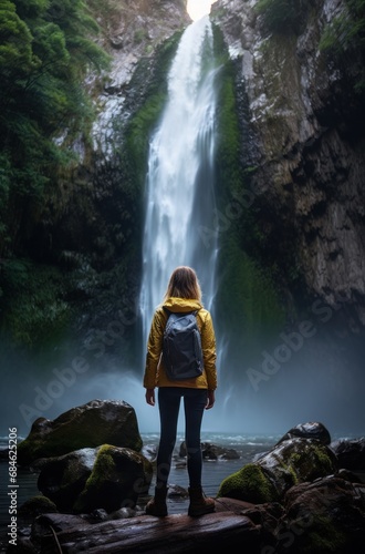 a woman walks past a large waterfall