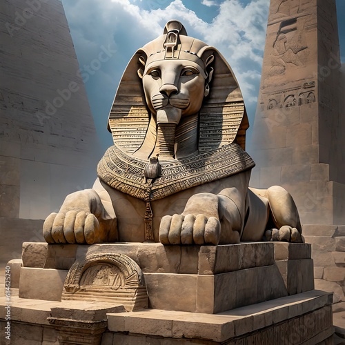 A mysterious statue of a sphinx  guarding an ancient tomb  its enigmatic gaze fixed upon those who approach  shrouded in an aura of mystery and secrets.