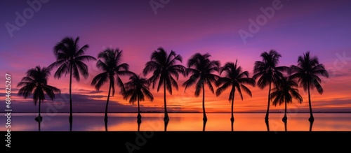 a group of palm trees in silhouette with ocean along the lake © olegganko