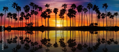 a group of palm trees in silhouette with ocean along the lake