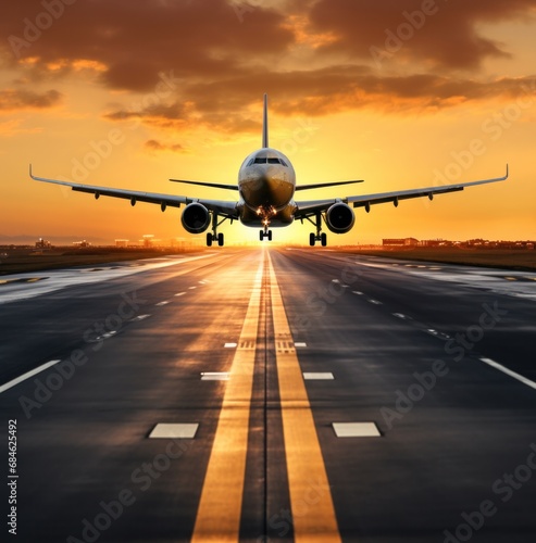 a plane and airplane are taking a fly approach to a land runway at sunset,