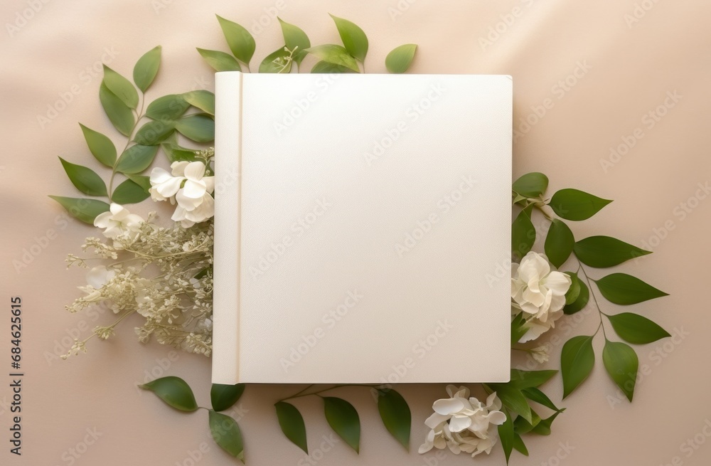 a white blank book surrounded by green leaves - obrazy, fototapety, plakaty 