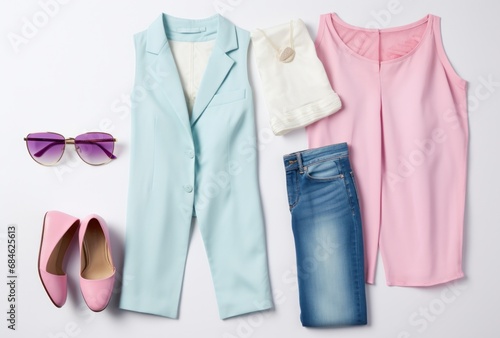 a white background with blue sunglasses, a blue vest, pink top, pink jeans and blue heels © olegganko
