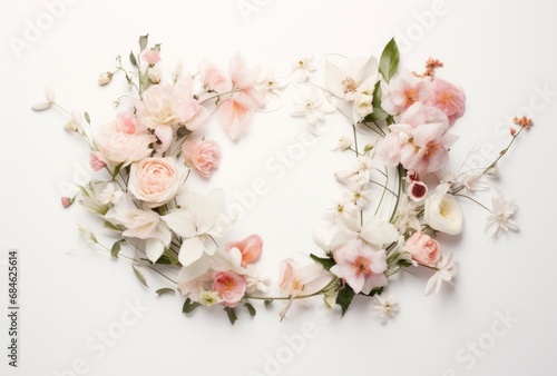 a white background with flowers and leaves in the shape of a letter o