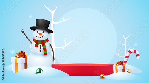 Winter landscape with snowy background, product banner, podium platform with snowman and present boxes.
