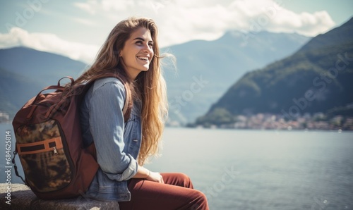 a woman sitting on the shore of lake como holding her backpack while smiling