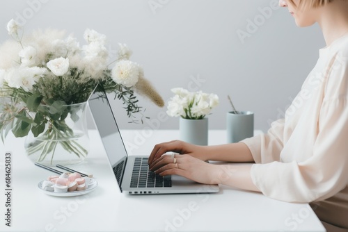 a woman's hands on her laptop as she looks at some flowers on a desk,