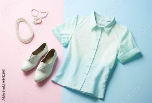 blue shoes and an outfit with blouse and necklace