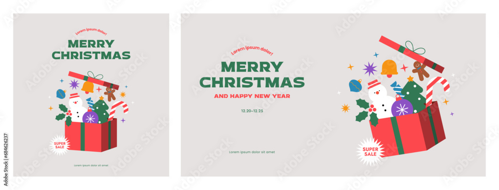 Christmas open gift box banner. Xmas sticker icon set. Festive decorative object pops out. Boxing day surprise concept. Holiday winter background. Isolated. Trendy style vector flat illustration. - obrazy, fototapety, plakaty 