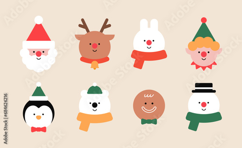 Merry Christmas character face set. Xmas avatar. Santa Claus, Animal, Snowman, Elf, Polar Bear, Reindeer, Rabbit, Penguin, Gingerbread man. Holiday winter design. Trendy style vector flat illustration