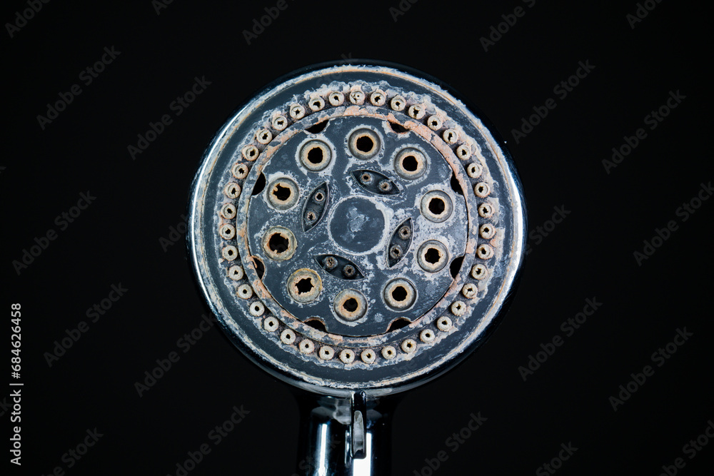 Hard water calcium or lime scale deposits on old, worn out shower head. Close up studio shot