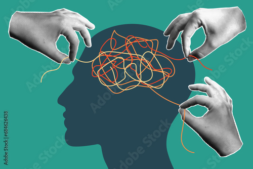 Halftone collage banner, three hands unraveling a ball of thread in the head, the concept of psychological help. photo