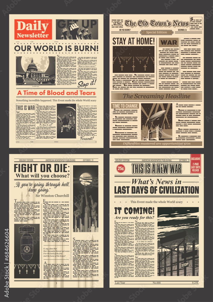 Retro Newspapers Style Backgrounds and Templates, Vintage News Pages, Breaking News  - obrazy, fototapety, plakaty 