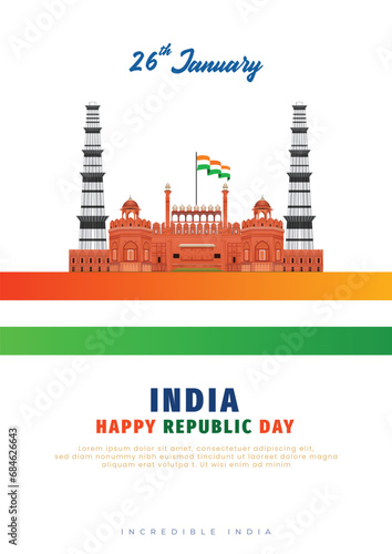 26 January India republic day poster or flyer design with flag white background and red fort monuments vector illustration