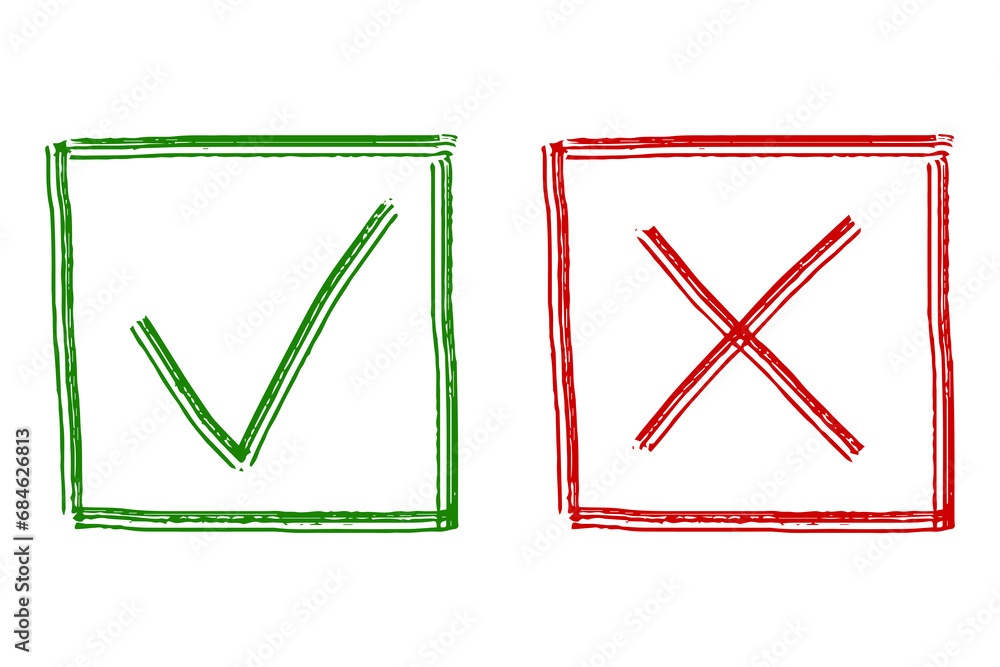 Clipart set of thin striped checkmarks and a red cross in a square frame isolated on a white background. Vector textured grunge elements, to-do list, hand drawn doodle. Clipart set of thin striped checkmarks and a red cross in a square frame isolated on a white background. Vector textured grunge elements, to-do list, hand drawn doodle.