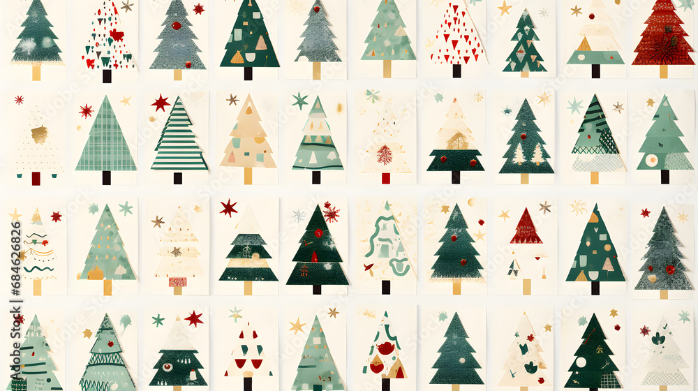 set : collection of isolated Christmas paper collage card backgrounds with holiday, 25th, Xmas : fir tree and December references, for greeting cards, ATC, mail art. generative ai. - obrazy, fototapety, plakaty 
