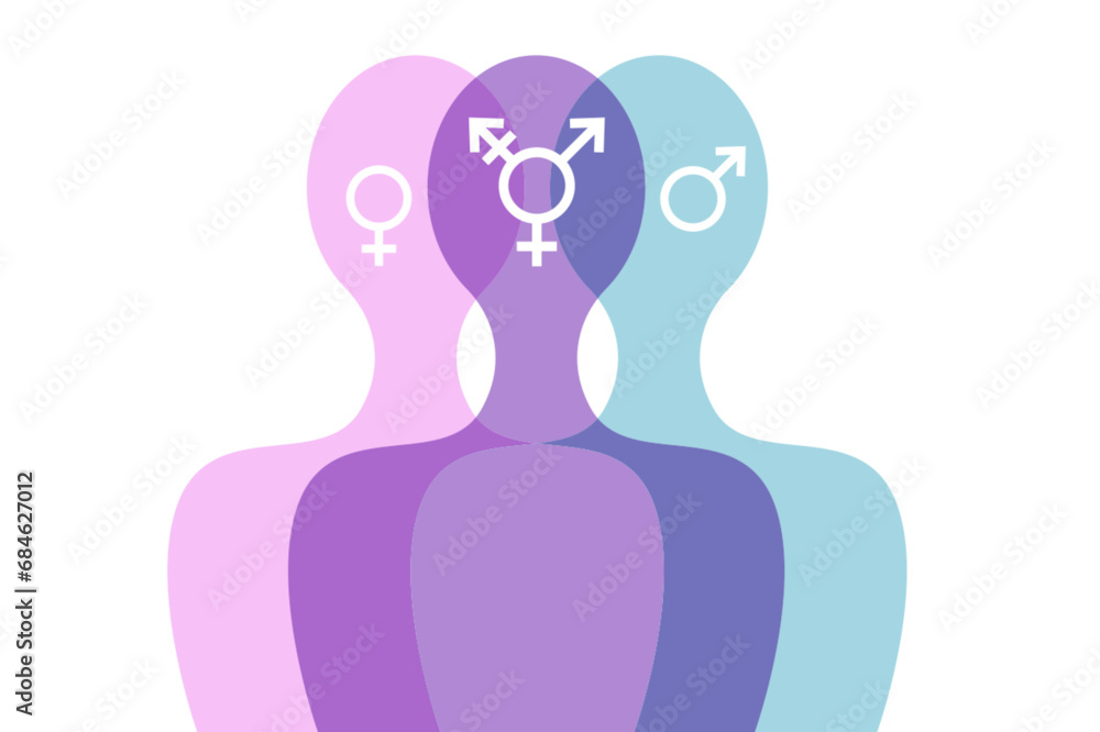 Third gender and sex concept, man and woman. World sexual health day. Concept of gender, health and development. Symbol of transgender, vector silhouette isolated on white background  - obrazy, fototapety, plakaty 