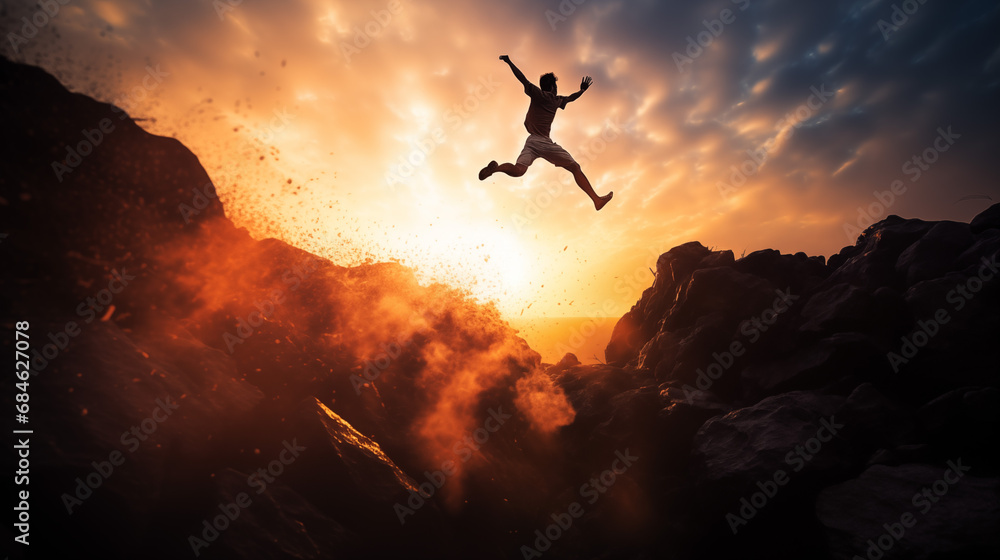 Silhouette of a man jumping from one mountain cliff to another against a vibrant sunset backdrop.