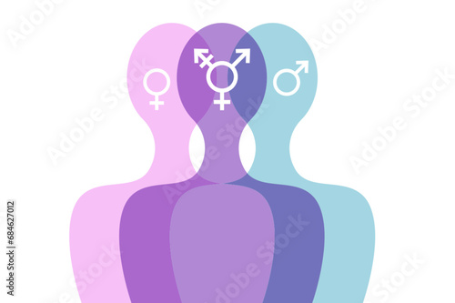 Third gender and sex concept, man and woman. World sexual health day. Concept of gender, health and development. Symbol of transgender, vector silhouette isolated on white background 