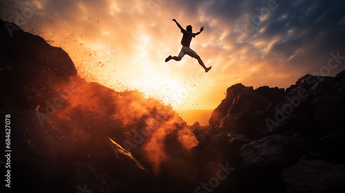 Silhouette of a man jumping from one mountain cliff to another against a vibrant sunset backdrop.