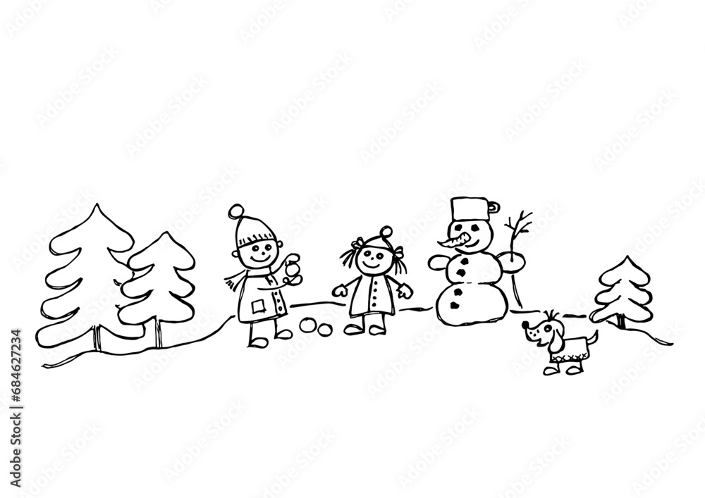 Children, dog and snowman in winter landscape, hand drawn illustration