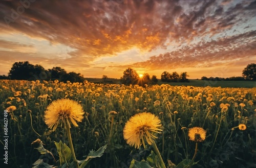 Sunset over a dandelion field with dramatic sky. 