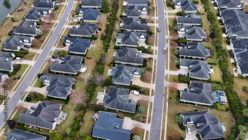 Aerial view of houses in a gated community in Leland, North Carolina.