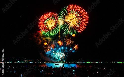 Colorful fireworks display at the 2023 International Fireworks Festival at Pattaya Beach, Thailand.