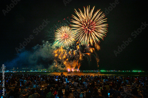 Colorful fireworks display at the 2023 International Fireworks Festival at Pattaya Beach, Thailand.