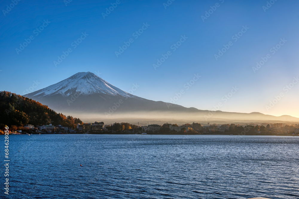 Late afternoon at Lake Kawaguchi with Mount Fuji in the distance. Fuji Five lakes area of Yamanashi prefecture, in autumn
