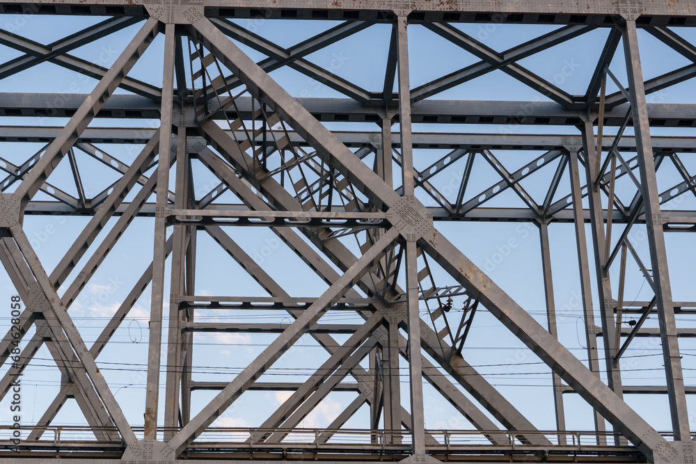 Yaroslavl, Russia, July 8, 2023. Structures of a railway bridge against the sky.
