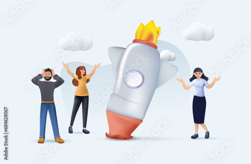 Various cartoon people moving top on rocket and crash set vector graphic illustration 3D. Team failure, vender crush isolated on white. Business motivation, fail and startup development. 3D vector