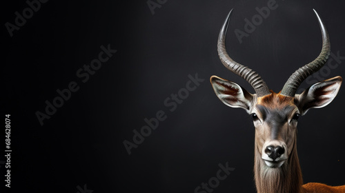 Front view of Antelope on dark gray background. Wild animals banner with copy space