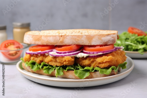  Delicious sandwich with schnitzel on white wooden table background, sandwich with ham and vegetables