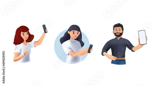 Young People use Smartphones, Chatting, making Selfie and listening Music 3D. Happy Boys and Girls talking and typing on Phone. Female and Male Characters collection. 3D Cartoon Vector Illustration