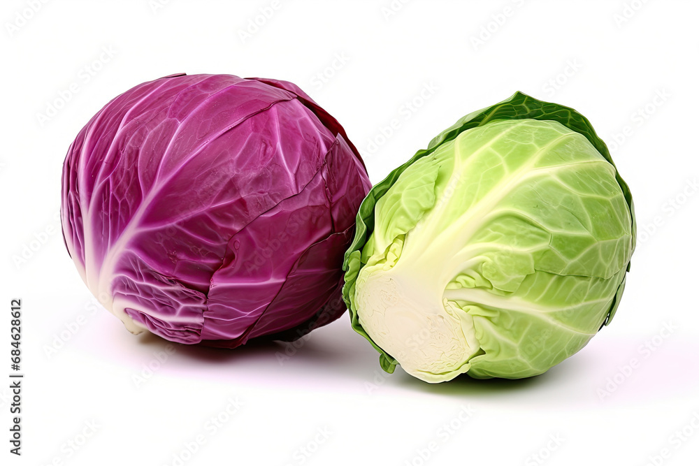Obraz premium Cabbage set. Red cabbage and white cabbage, isolated on white background. Healthy organic food, fresh green vegetables