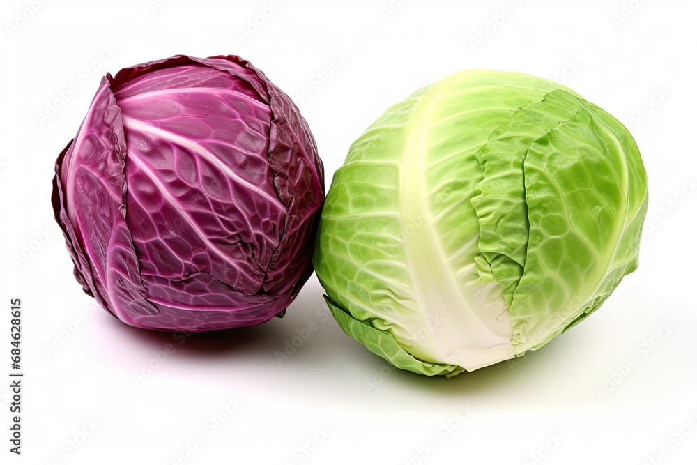 Fototapeta premium Cabbage set. Red cabbage and white cabbage, isolated on white background. Healthy organic food, fresh green vegetables