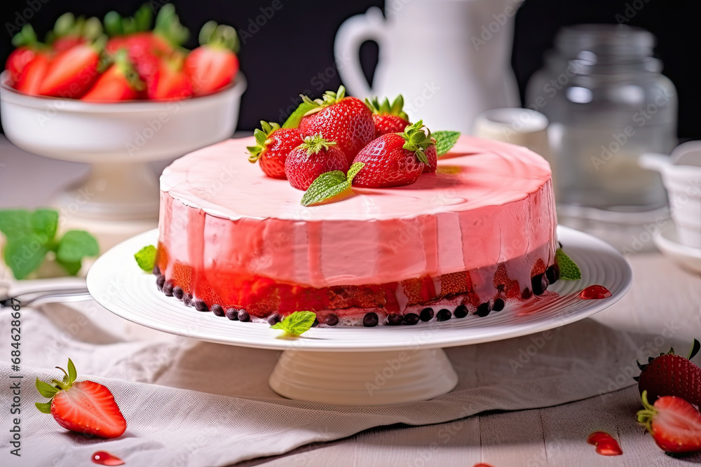 cake with strawberries, Tasty strawberry cake with red glaze and whipped cream. cake with strawberries, Tasty strawberry cake with red glaze and whipped cream.