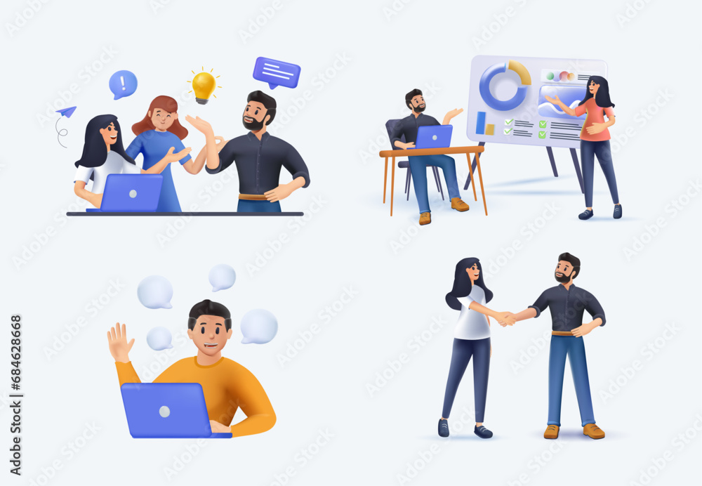Collection of scenes at office, 3D illustrations set. Bundle of men and women taking part in business meeting, negotiation, brainstorming, talking to each other. Colorful vector illustration in 3D Collection of scenes at office, 3D illustrations set. Bundle of men and women taking part in business meeting, negotiation, brainstorming, talking to each other. Colorful vector illustration in 3D