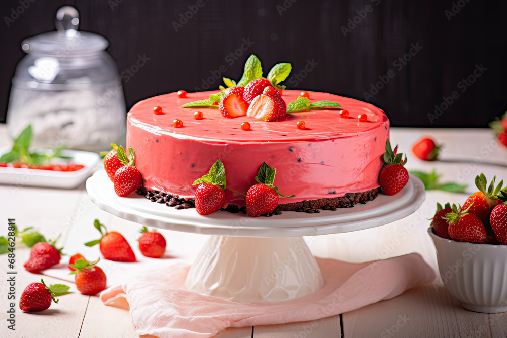 cake with strawberries, Tasty strawberry cake with red glaze and whipped cream. cake with strawberries, Tasty strawberry cake with red glaze and whipped cream.