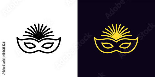 Outline carnival mask icon, with editable stroke. Carnival mask sign with feathers. Festival costume and face decoration. Facial mask for Brazil carnival, Mardi Gras, Venice masquerade. Vector icon