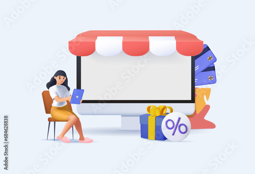 Online retailer abstract concept vector illustration 3D. Online shopping wishlist, buy product in stock, retail store, my orders list, shopping cart, user account, ecommerce abstract metaphor, 3D