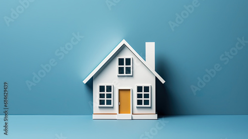 House symbol for real estate and housing concepts, buy or sell home, become homeowner, mortgage, maintenance, repair, refurbish, investment, property market. Cutout paper on blue background. 