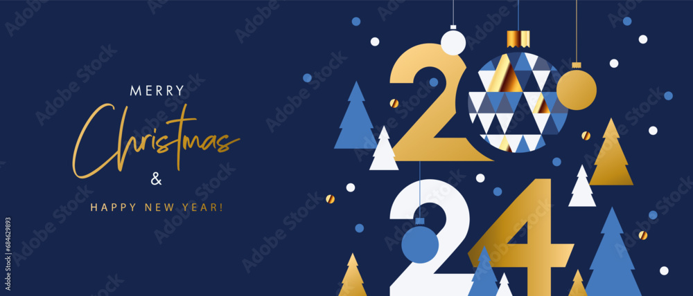 Merry Christmas and Happy New Year banner, greeting card, poster, holiday cover, header. Modern Xmas design in geometric style with triangle pattern, Christmas tree, ball, snow and 2024 number on blue Merry Christmas and Happy New Year banner, greeting card, poster, holiday cover, header. Modern Xmas design in geometric style with triangle pattern, Christmas tree, ball, snow and 2024 number on blue