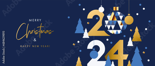 Merry Christmas and Happy New Year banner, greeting card, poster, holiday cover, header. Modern Xmas design in geometric style with triangle pattern, Christmas tree, ball, snow and 2024 number on blue