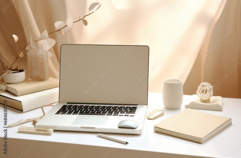 Fototapeta premium office desk and equipment with notes and a laptop