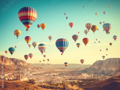 many colorful balloons in flight near a valley © olegganko