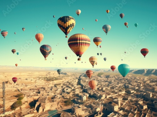 many colorful balloons in flight near a valley